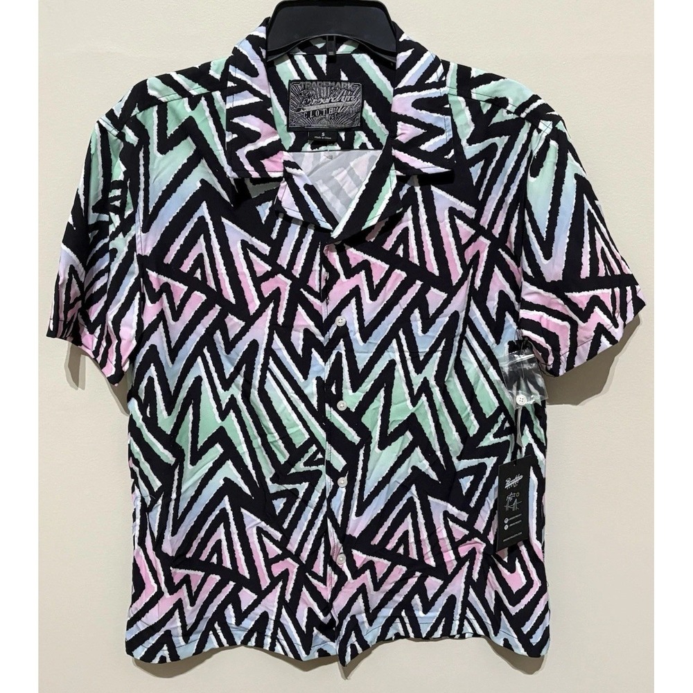 Brooklyn Cloth Mens Psychedelic Zig Zag Camp Shirt Black Pink Blue Small NEW